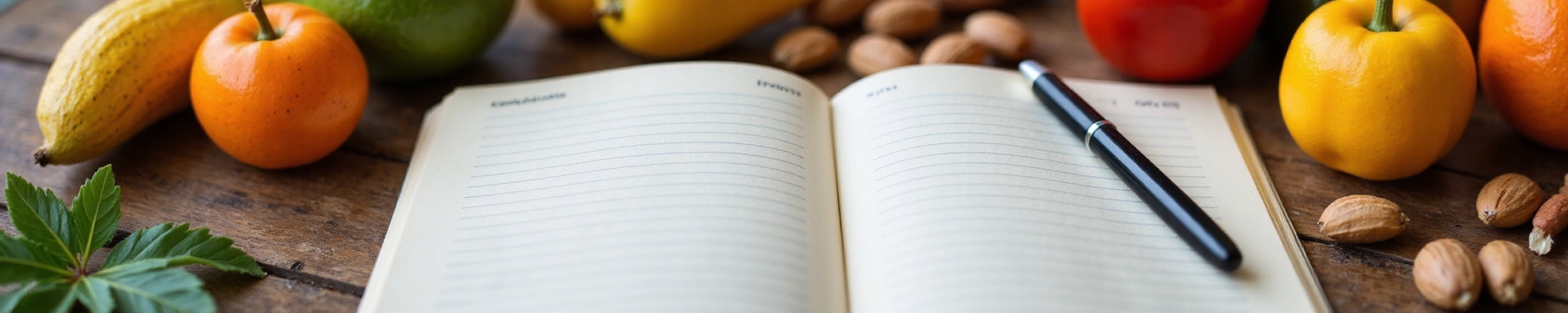 Un cuaderno abierto con un bolígrafo, rodeado de frutas frescas, nueces y verduras, simbolizando la nutrición y el conocimiento saludable.