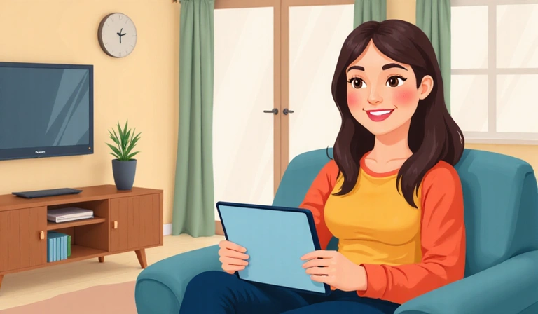 Ilustración de una persona feliz usando una tablet para consulta online