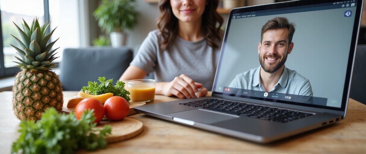 Persona usando una laptop para videollamada con alimentos saludables