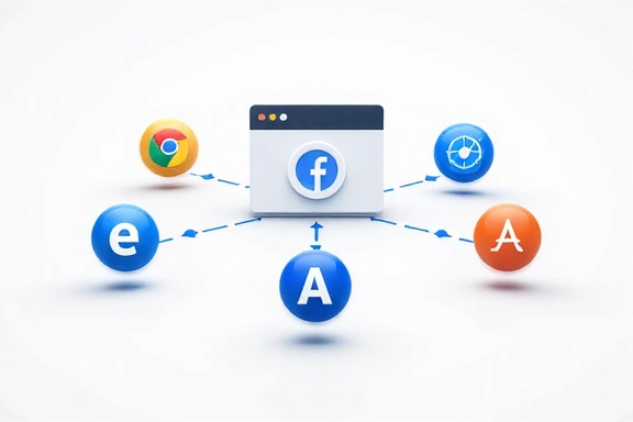 Iconos de diferentes servicios de terceros como Google, Facebook y un icono de análisis, todos conectados a un sitio web central