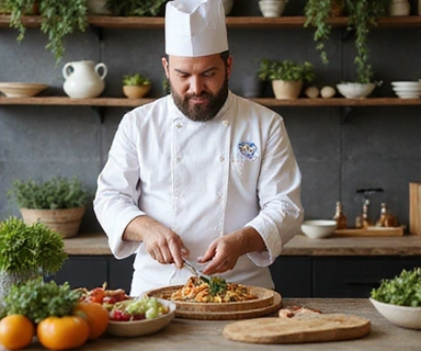 Un chef preparando una comida colorida y nutritiva en una cocina moderna, simbolizando la creación de planes de alimentación personalizados.