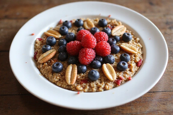 Un plato de desayuno vibrante y saludable con avena, bayas frescas y nueces, que representa un comienzo nutritivo del día.