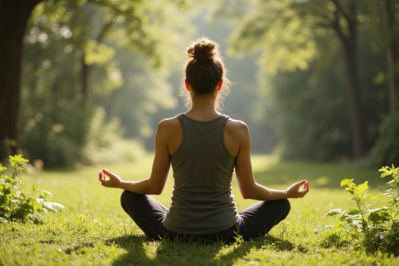 Una persona meditando tranquilamente en un entorno natural, simbolizando la conexión entre la nutrición y el bienestar mental.