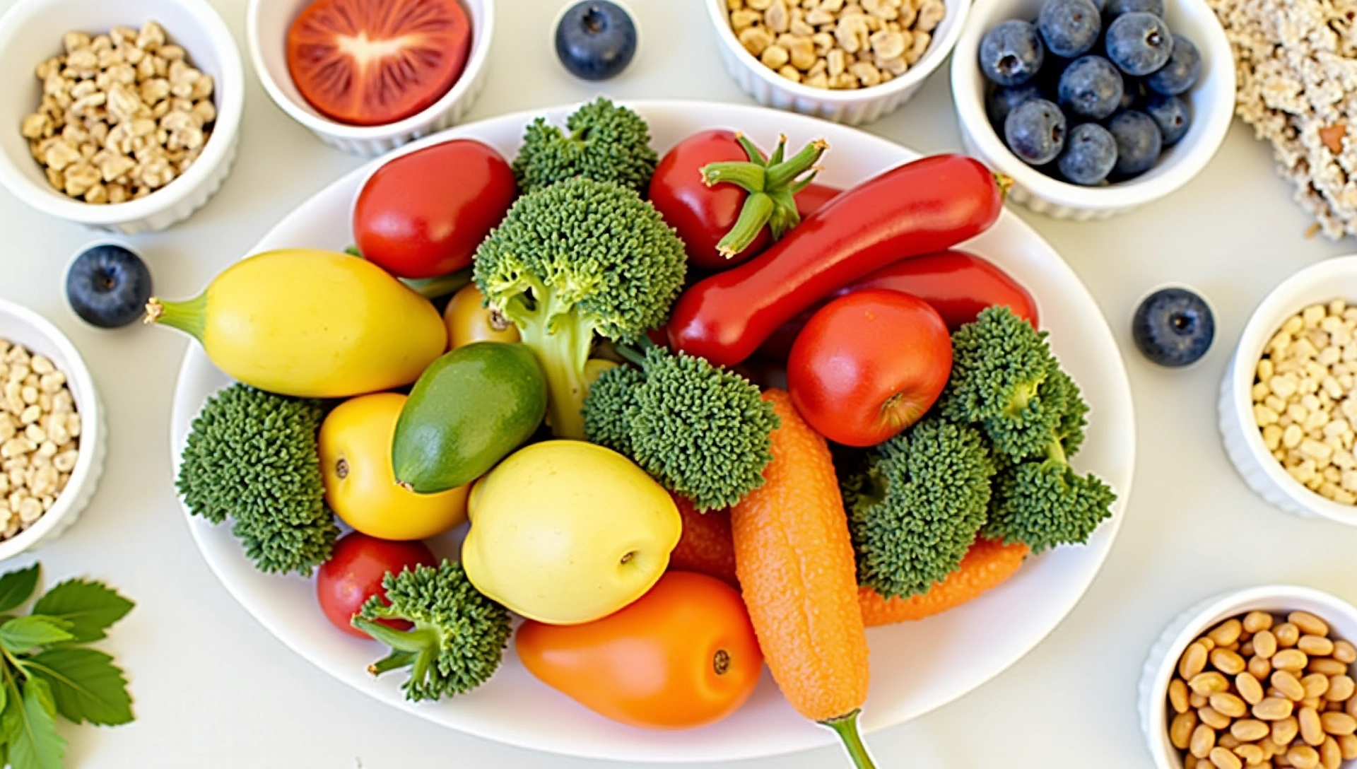 Una variedad de alimentos frescos y saludables como frutas, verduras y granos enteros, dispuestos de forma atractiva sobre una superficie limpia y brillante, con una iluminación suave que realza sus colores naturales. Sin texto ni elementos artificiales.