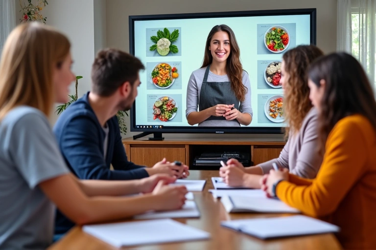 Grupo de personas participando en un webinar de nutrición online, viendo al presentador y diapositivas