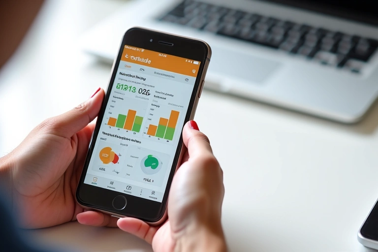 Persona usando una aplicación de seguimiento de nutrición en un teléfono móvil, mostrando su progreso