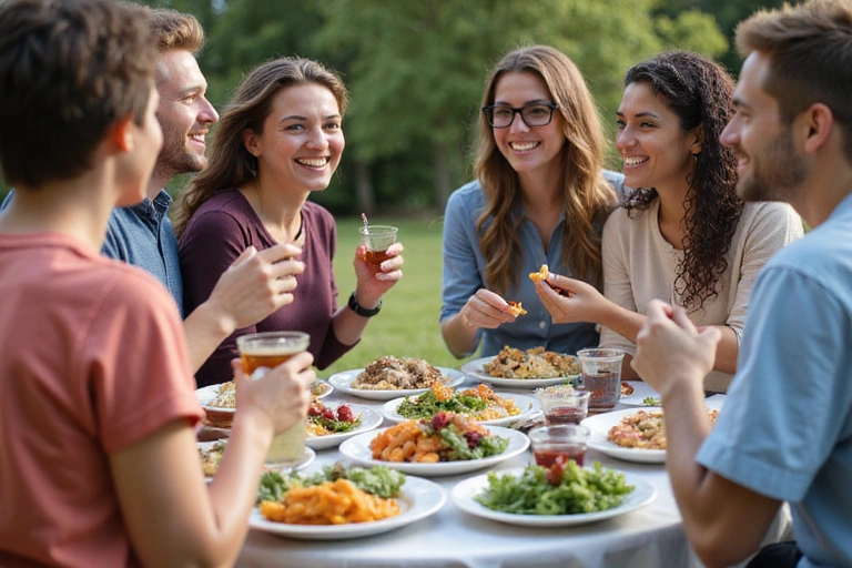 Grupo de personas sonriendo y comiendo alimentos saludables juntos