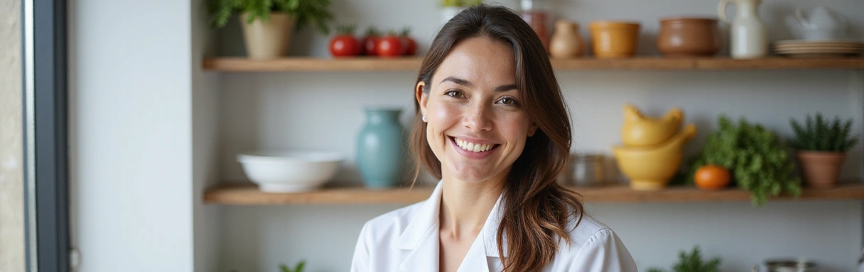 Nutricionista sonriendo en un entorno moderno y limpio