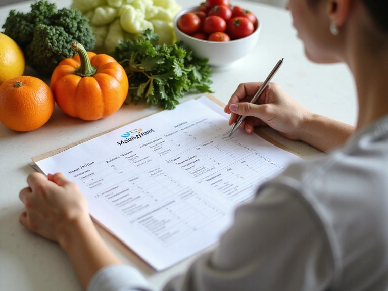 Persona analizando un plan de alimentación personalizado con vegetales